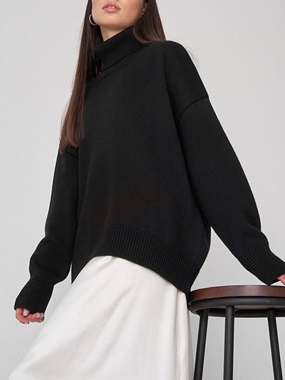 High-Low Long Sleeves Solid Color Split-Joint High Neck Sweater Tops