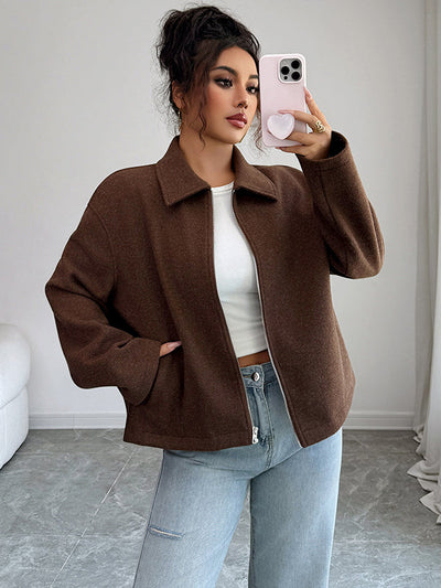 Long Sleeves Loose Solid Color Zipper Lapel Outerwear