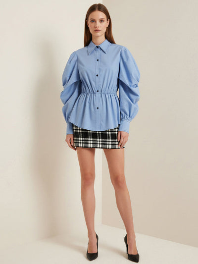 Long Sleeves Puff Sleeves Buttoned Pleated Solid Color Lapel Blouses&Shirts Tops