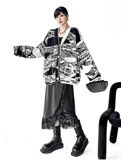 Long Sleeves Loose Abstract Printed Buttoned Contrast Color Pockets Split-Joint Collarless Cardigan Tops Outerwear