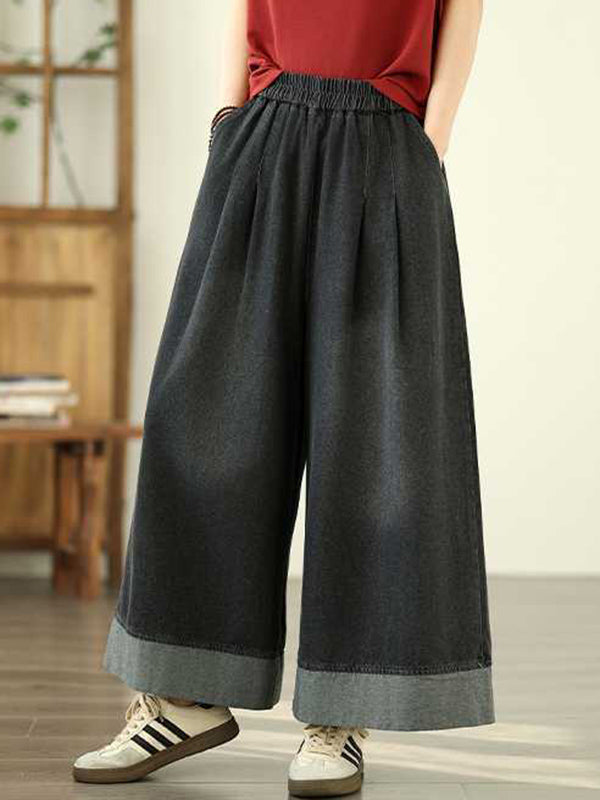 Loose Wide Leg Elasticity Pleated Pockets Jean Pants Bottoms Trousers