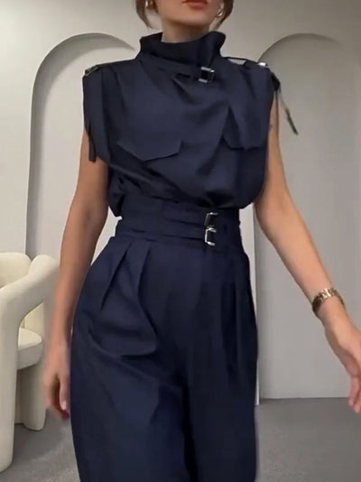 Loose Sleeveless Buckle Solid Color Stand Collar Blouses&Shirts Tops