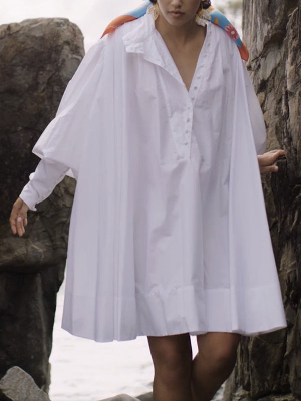 Long Sleeves Loose Buttoned Solid Color Stand Collar Mini Dresses Shirt Dress
