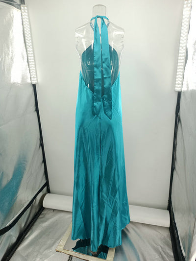 A-Line Loose Backless Solid Color Tied Halter-Neck Maxi Dresses