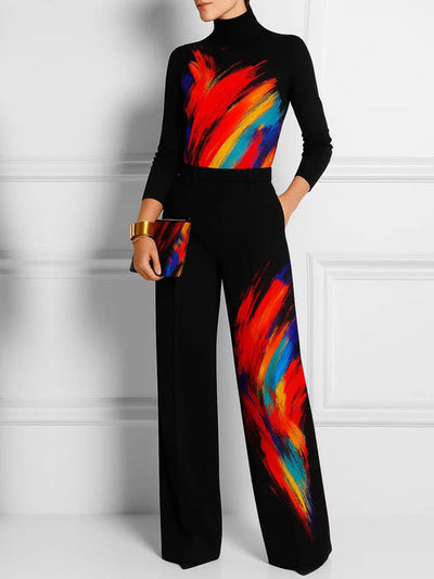 Wide Leg Contrast Color Pockets Printed Pants Trousers