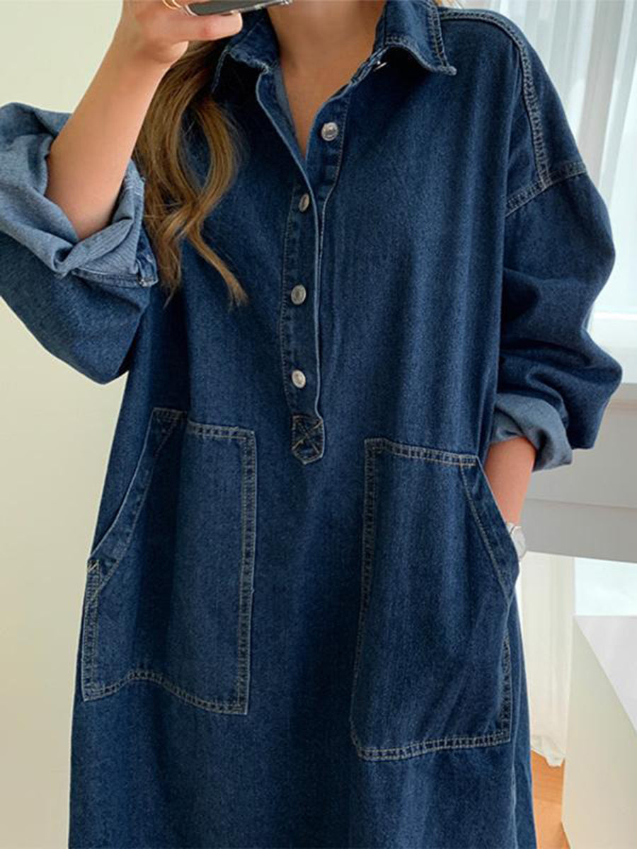 Long Sleeves Loose Buttoned Pockets Solid Color Split-Joint Split-Side Lapel Maxi Dresses Shirt Dress