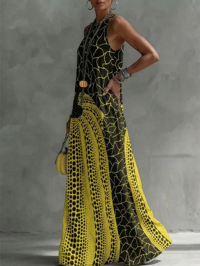 Loose Sleeveless Pockets Polka-Dot Printed Round-Neck Maxi Dresses