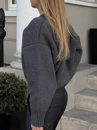 Long Sleeves Loose Ribs Solid Color V-Neck Sweater Tops