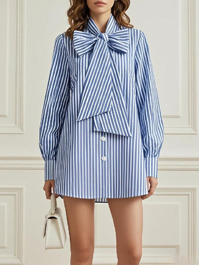 Balloon Sleeves Long Sleeves Buttoned Striped Bow Collar Blouses