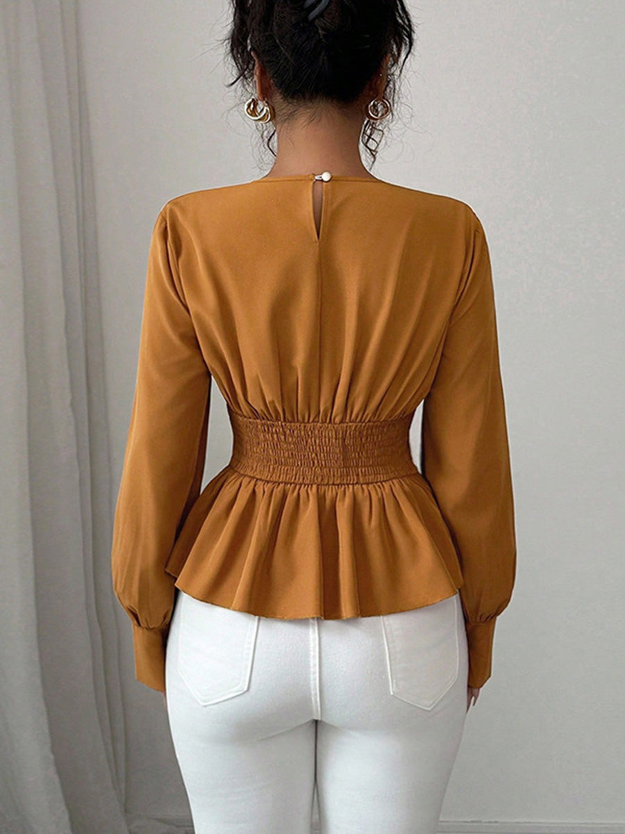 Elasticated Waist High Waisted Asymmetric Pleated Ruffled Solid Color Round-Neck Blouses&Shirts Tops