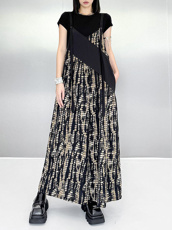 Loose Sleeveless Asymmetric Contrast Color Printed Split-Joint Spaghetti-Neck Overalls