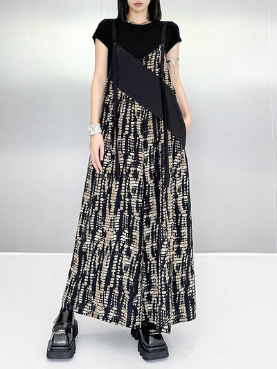 Loose Sleeveless Asymmetric Contrast Color Printed Split-Joint Spaghetti-Neck Overalls
