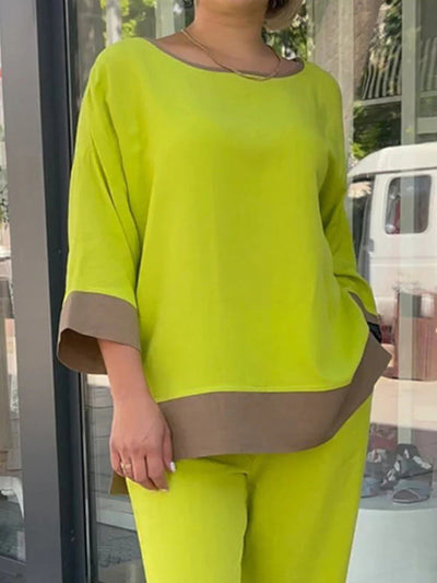 Loose Contrast Color Three-Quarter Sleeves Split-Side Round-Neck Shirts Top + Pants Bottom Two Pieces Set