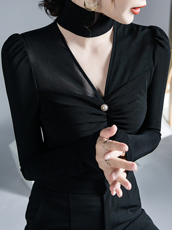 Long Sleeves Skinny Mesh Pleated Solid Color V-Neck T-Shirts Tops