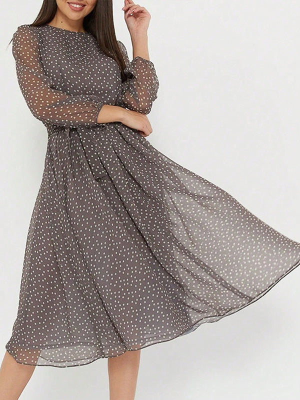 A-Line High Waisted Polka-Dot Tied Waist Round-Neck Midi Dresses