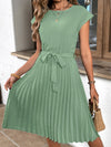 A-Line Loose Pleated Solid Color Tied Waist Round-Neck Midi Dresses