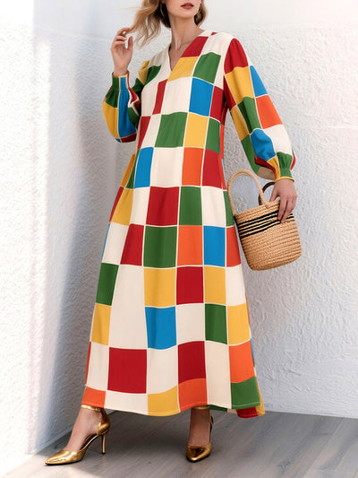 Loose Puff Sleeves Elasticity Rainbow Plaid Split-Joint V-Neck Maxi Dresses