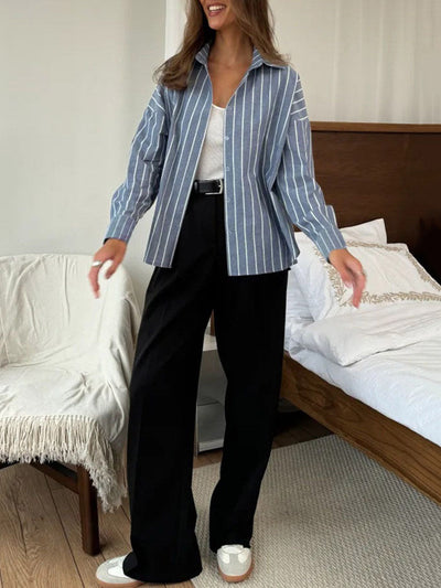 Long Sleeves Loose Buttoned Contrast Color Split-Joint Striped Lapel Blouses&Shirts Tops