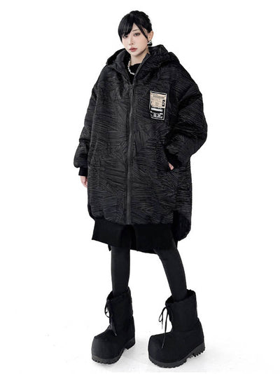 High-Low Irregularity Abstract Printed Contrast Color Split-Joint Zipper Hooded Outerwear Overcoat