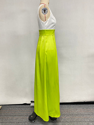 A-Line High Waisted Contrast Color Pleated Zipper Deep V-Neck Maxi Dresses