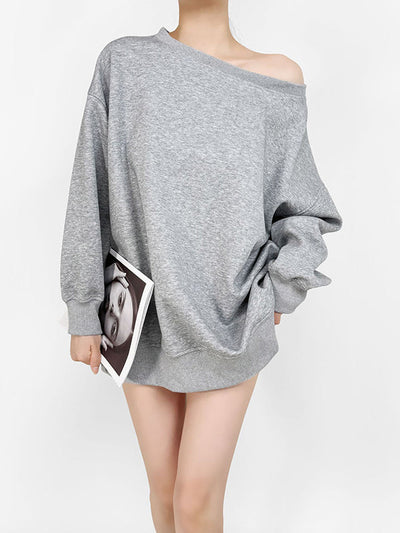 Long Sleeves Loose Solid Color Split-Joint Round-Neck Sweatshirt Tops