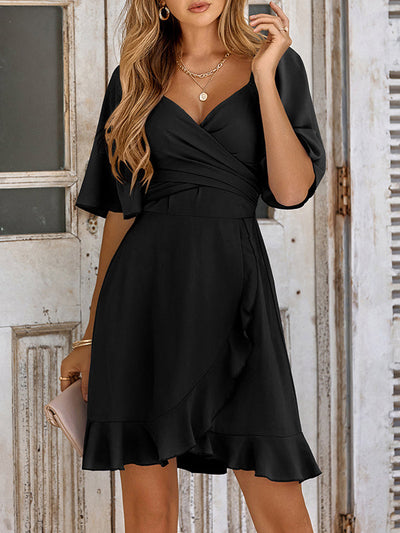 Flared Sleeves Half Sleeves Elasticity Ruffled Solid Color Split-Joint Tied Waist V-Neck Mini Dresses