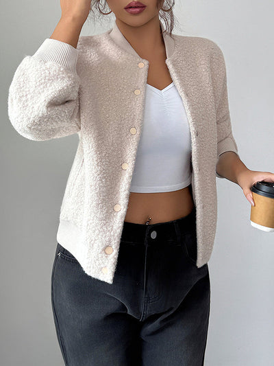 Long Sleeves Buttoned Elasticity Pockets Solid Color Collarless Jackets&Coats