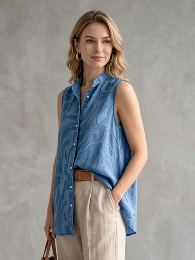 Sleeveless Buttoned Embroidered Solid Color Lapel Blouses&Shirts Tops