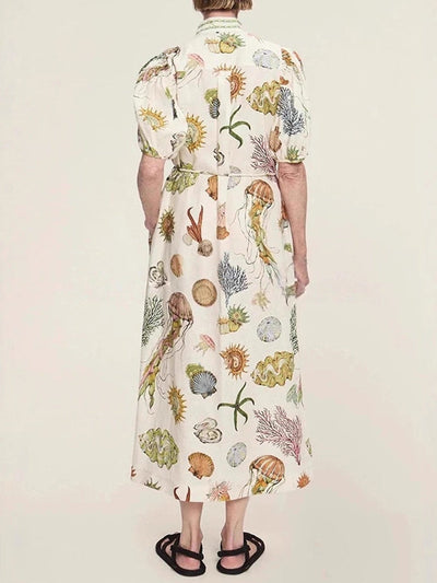 A-Line High Waisted Buttoned Contrast Color Pockets Print Split-Joint Tied Waist Stand Collar Maxi Dresses Shirt Dress