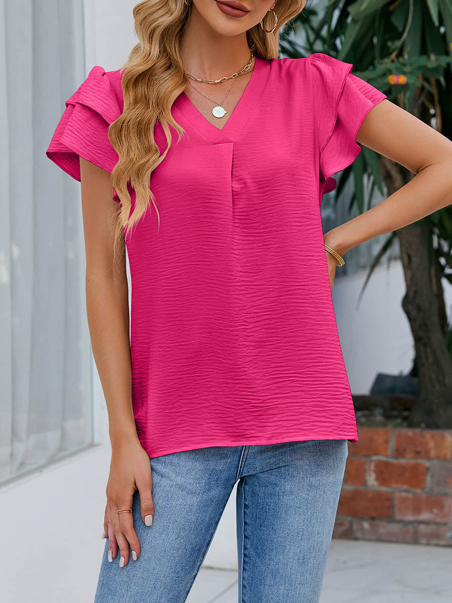 Loose Ruffle Sleeves Solid Color Split-Joint Textured V-Neck Blouses&Shirts Tops