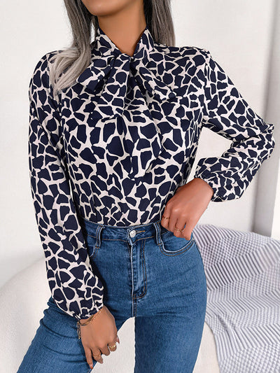 Bishop Sleeve Long Sleeves Bow-Embellished Elasticity Tied Mock Neck Blouses&Shirts Tops