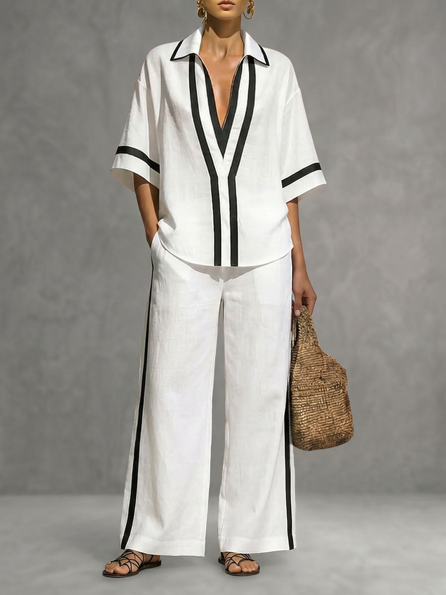 Half Sleeves Loose Contrast Color Lapel Blouses&Shirts Tops