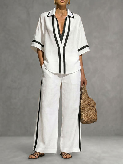Half Sleeves Loose Contrast Color Lapel Blouses&Shirts Tops