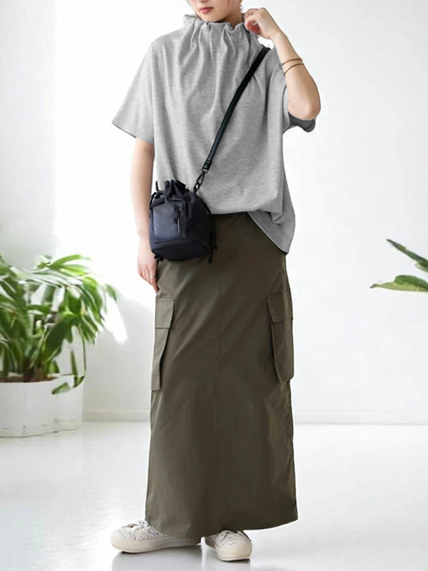 Loose Short Sleeves Solid Color Stand Collar T-Shirts Tops