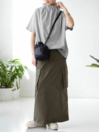 Loose Short Sleeves Solid Color Stand Collar T-Shirts Tops