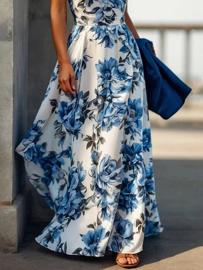 A-Line High Waisted Contrast Color Flower Print Pleated Halter-Neck Maxi Dresses
