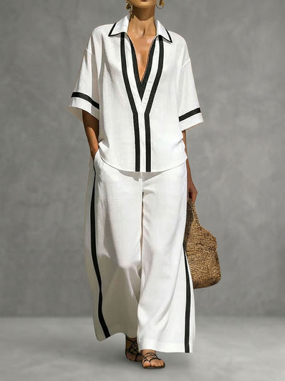 Half Sleeves Loose Contrast Color Lapel Blouses&Shirts Tops