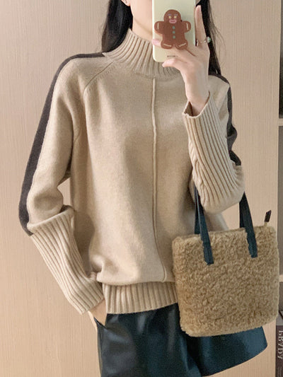 High-Low Long Sleeves Contrast Color Split-Joint Split-Side High Neck Pullovers Sweater Tops