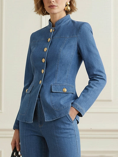 Long Sleeves Buttoned Pockets Solid Color Stand Collar Outerwear
