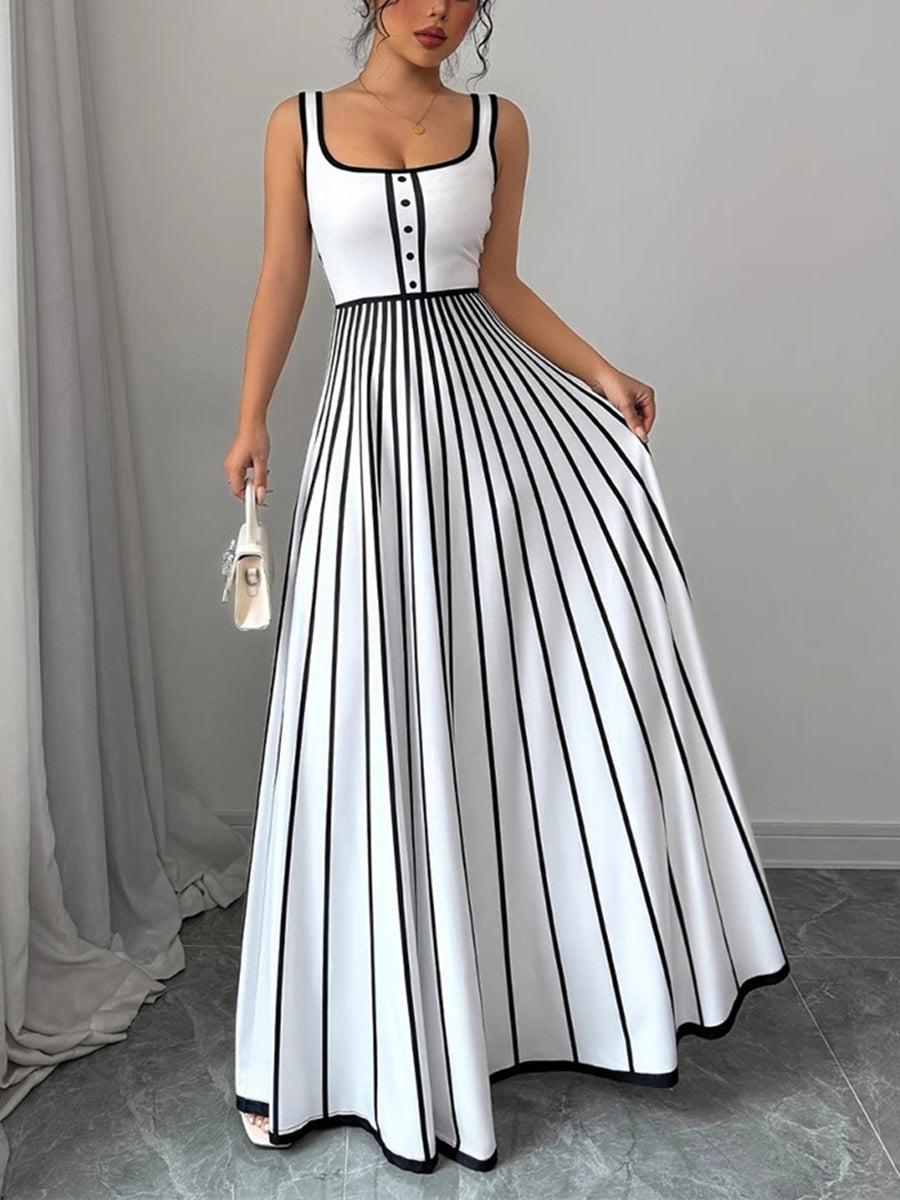 A-Line Sleeveless Contrast Color Pleated Split-Joint Striped Spaghetti-Neck Maxi Dresses
