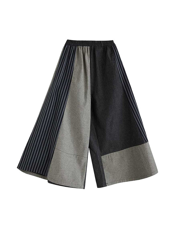High Waisted Loose Elasticity Pockets Split-Joint Striped Pants Trousers