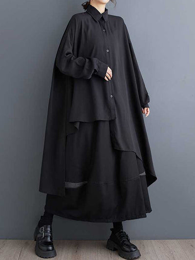 High-Low Long Sleeves Asymmetric Buttoned Solid Color Split-Joint Lapel Blouses&Shirts Tops