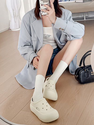 Hollow Round Cut Solid Color Crocs Platform Shoes Sandals