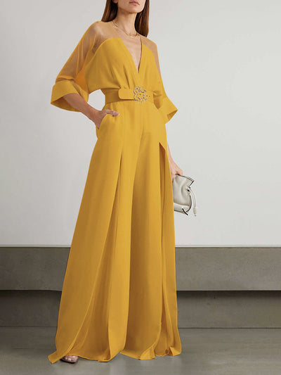 Solid Color Split-Front Contrast Color Tied Waist High Waisted V-Neck Jumpsuits