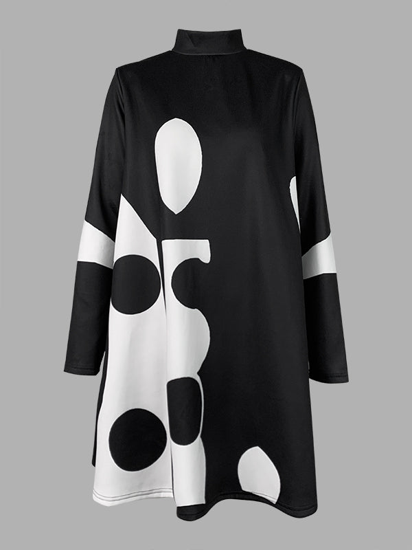 A-Line Long Sleeves Polka-Dot Split-Joint Mock Neck Mini Dresses