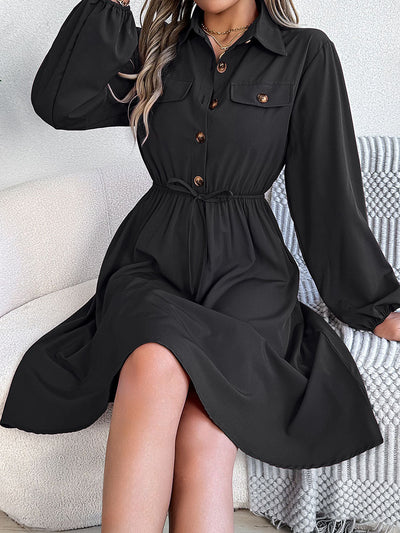 A-line Long Sleeves Buttoned Pleated Solid Color Tied Lapel Midi Dresses Shirt Dress