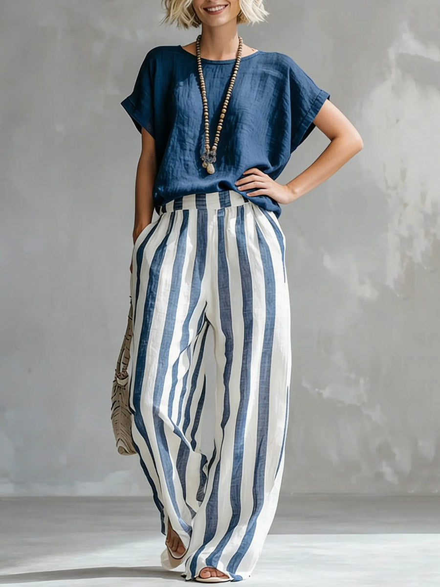 Plus Size Solid Color Round-Neck T-Shirts + Striped Pockets Contrast Color High Waisted Pants Trousers Two Pieces Set