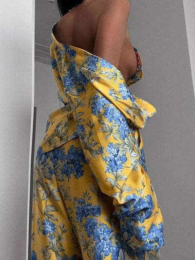 Loose Printed Split-Joint Deep V-Neck Lace-Up Blouse + Drawstring Elasticity Pants Trousers Two Pieces Set