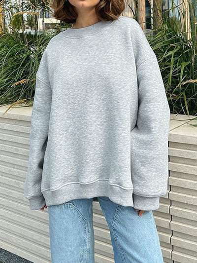 Long Sleeves Loose Solid Color Round-Neck Sweatshirt Tops