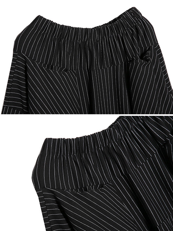 High Waisted Loose Elasticity Pockets Striped Culotte Pants